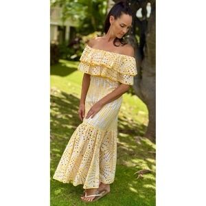 Charo Ruiz Ibiza Isabella Yellow Off Shoulder Embroidered Maxi Ruffle Dress Med